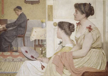 Scène de salon avec un jeune prêtre au piano